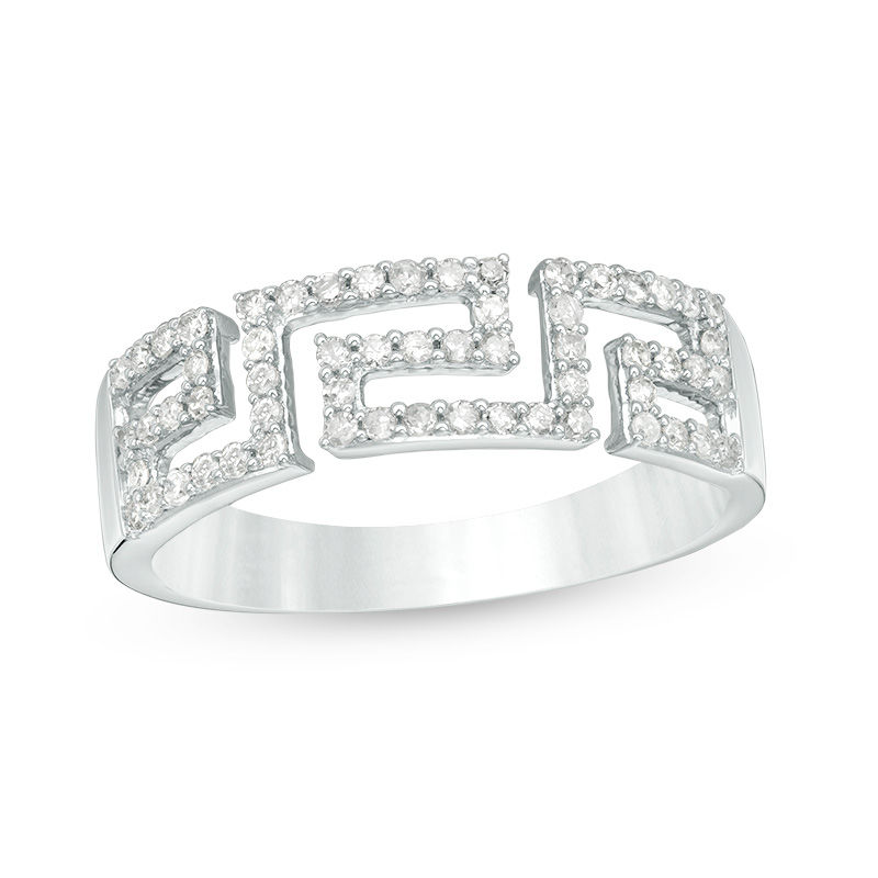 Main Image 1 of 1/3 CT. T.W. Diamond Greek Key Ring in 10K White Gold