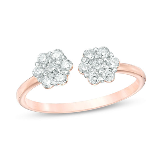 1/3 CT. T.w. Diamond Flower Adjustable Open Ring in 10K Rose Gold - Size 7