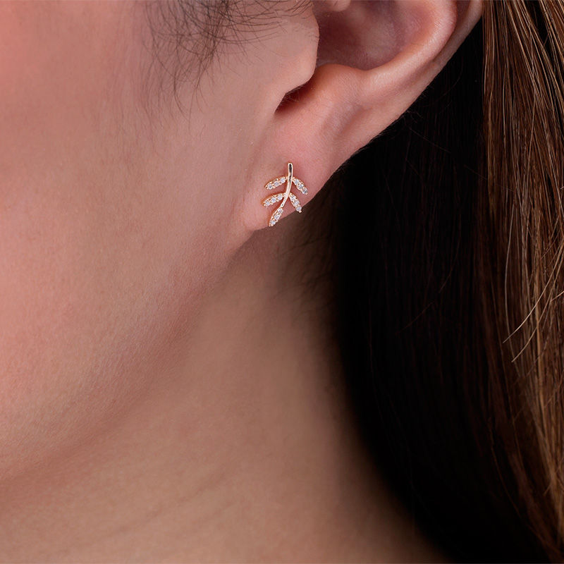 Main Image 2 of 1/10 CT. T.W. Diamond Leaf Stud Earrings in 10K Rose Gold