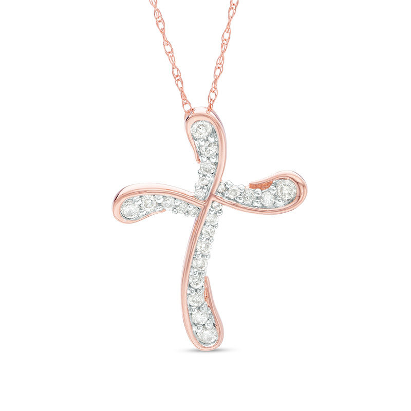 Main Image 1 of 1/4 CT. T.W. Diamond Swirl Cross Pendant in 10K Rose Gold