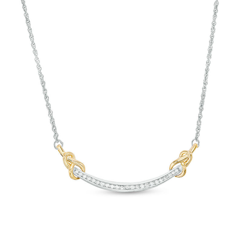 1/6 CT. T.W. Diamond Love Knot Curved Bar Necklace in Sterling Silver and 10K Gold - 16.43"