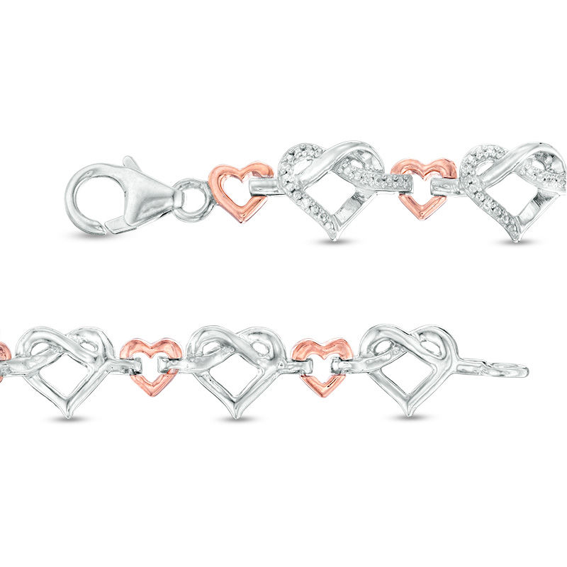 1/10 CT. T.W. Diamond Love Knot Heart Bracelet in Sterling Silver and 10K Rose Gold