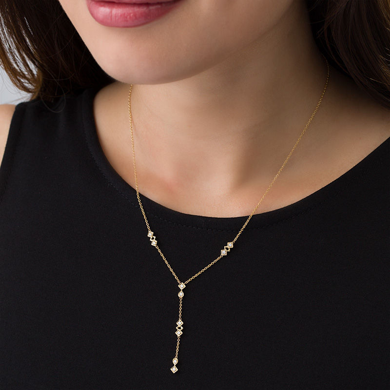 Main Image 2 of 1/5 CT. T.W. Diamond Geometric Station "Y" Necklace in 10K Gold