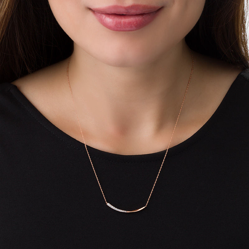 Main Image 2 of 1/6 CT. T.W. Diamond Twist Curved Bar Necklace in 10K Rose Gold