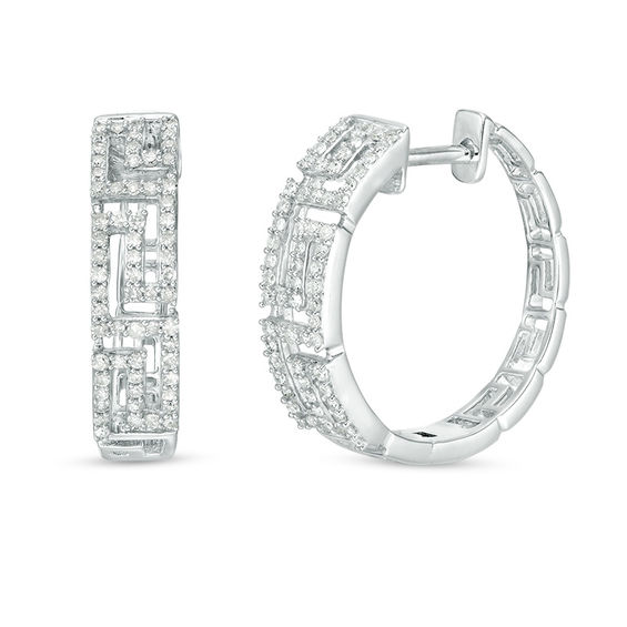 3/8 CT. T.W. Diamond Greek Key Hoop Earrings in 10K White Gold | Zales