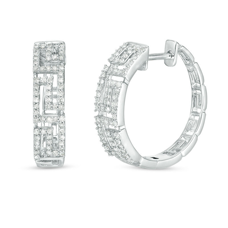 Main Image 1 of 3/8 CT. T.W. Diamond Greek Key Hoop Earrings in 10K White Gold