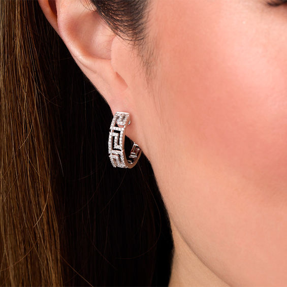 3/8 CT. T.w. Diamond Greek Key Hoop Earrings in 10K White Gold