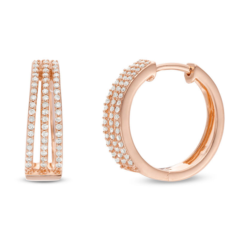 Main Image 1 of 1/3 CT. T.W. Diamond Split Triple Row Hoop Earrings in 10K Rose Gold