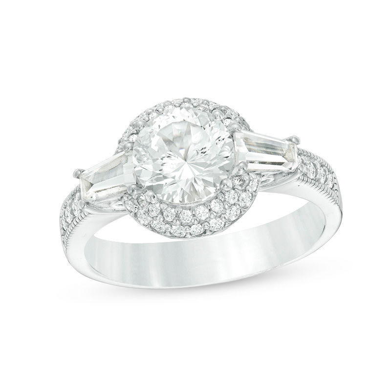 Main Image 1 of 7.0mm Lab-Created White Sapphire Frame Three Stone Vintage-Style Ring in Sterling Silver