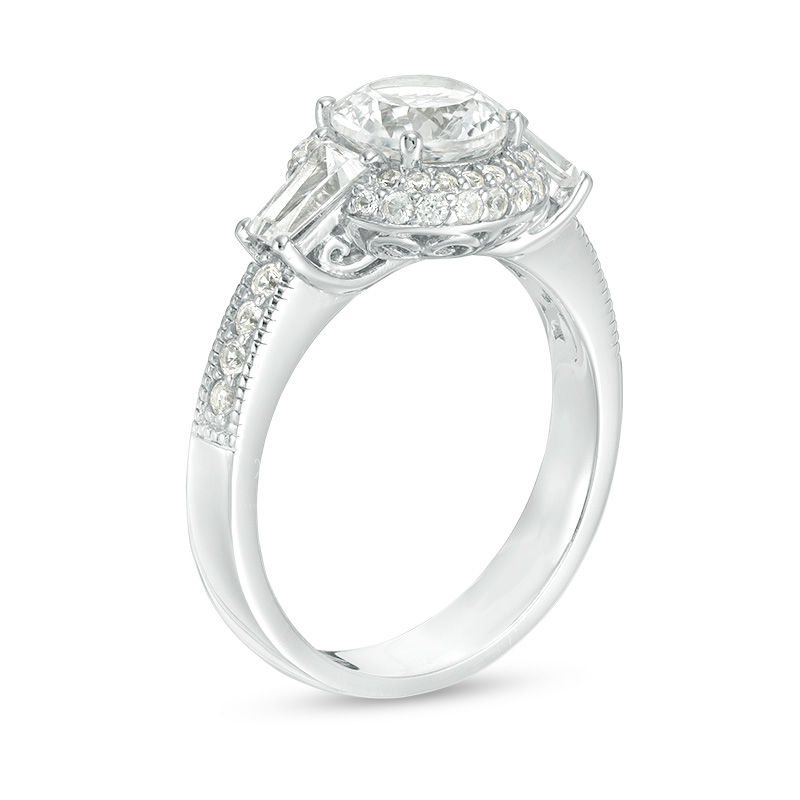 Main Image 2 of 7.0mm Lab-Created White Sapphire Frame Three Stone Vintage-Style Ring in Sterling Silver