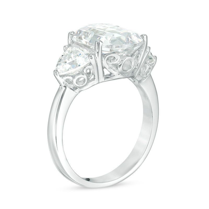 Main Image 2 of Cushion-Cut Lab-Created White Sapphire Three Stone Filigree Ring in Sterling Silver