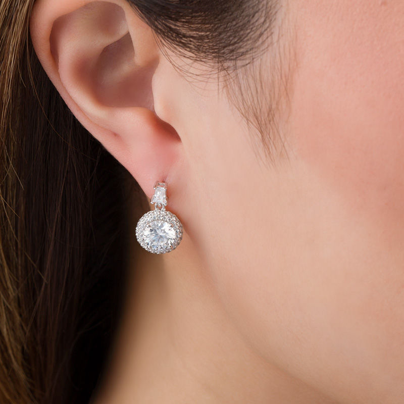 Main Image 3 of 7.0mm Lab-Created White Sapphire Frame Drop Earrings in Sterling Silver