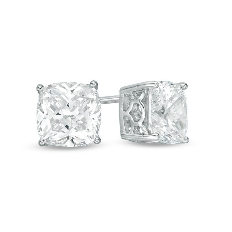 Main Image 1 of 7.0mm Cushion-Cut Lab-Created White Sapphire Solitaire Scallop Stud Earrings in Sterling Silver