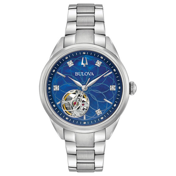 Ladies' Bulova Classic Diamond Accent Automatic Watch with Blue Mother-of-Pearl Skeleton Dial (Model: 96P191) Ladies' Bulova Classic Diamond Accent Automatic Watch with Blue Mother-of-Pearl Skeleton Dial (Model: 96P191)