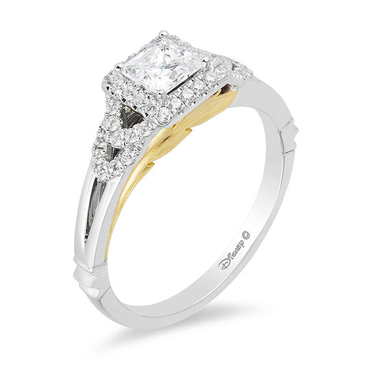 Enchanted Disney Pocahontas 3/4 CT. T.w. Princess-Cut Diamond Frame Feather Engagement Ring in 14K Two-Tone Gold