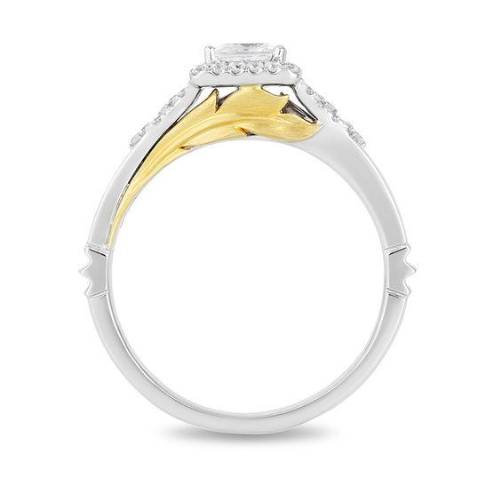 Enchanted Disney Pocahontas 3/4 CT. T.w. Princess-Cut Diamond Frame Feather Engagement Ring in 14K Two-Tone Gold