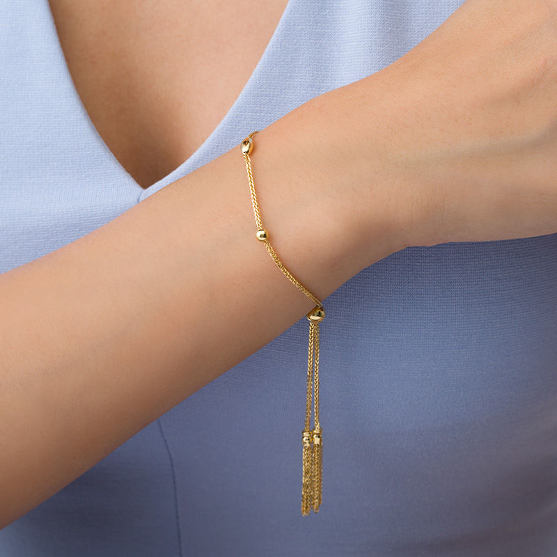 Main Image 2 of Made in Italy Bead Station Tassel Bolo Bracelet in 14K Gold - 8.5"