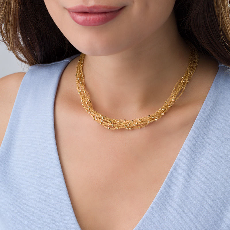 Main Image 2 of Made in Italy Diamond-Cut Beaded Multi-Row Mesh Chain Necklace in 14K Gold