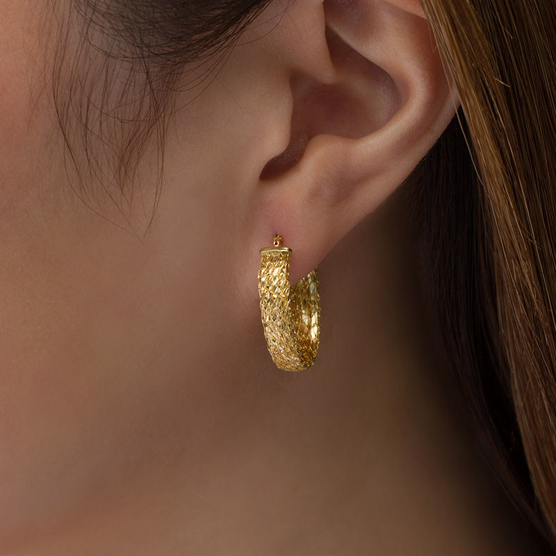 Main Image 2 of Made in Italy Oval Diamond-Cut Mesh Hoop Earrings in 14K Gold