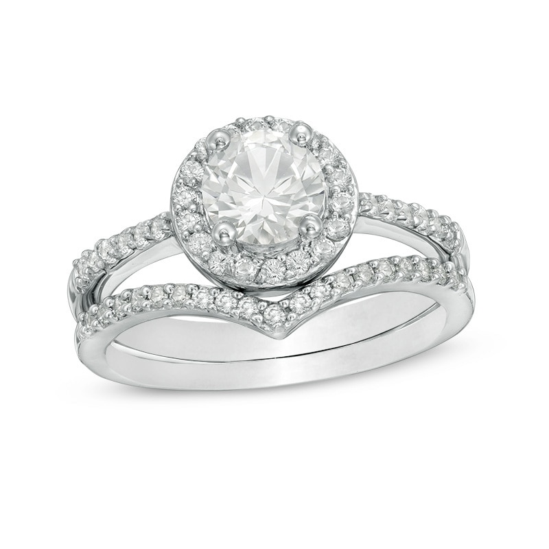 Main Image 1 of 6.0mm Lab-Created White Sapphire Frame Chevron Bridal Set in Sterling Silver