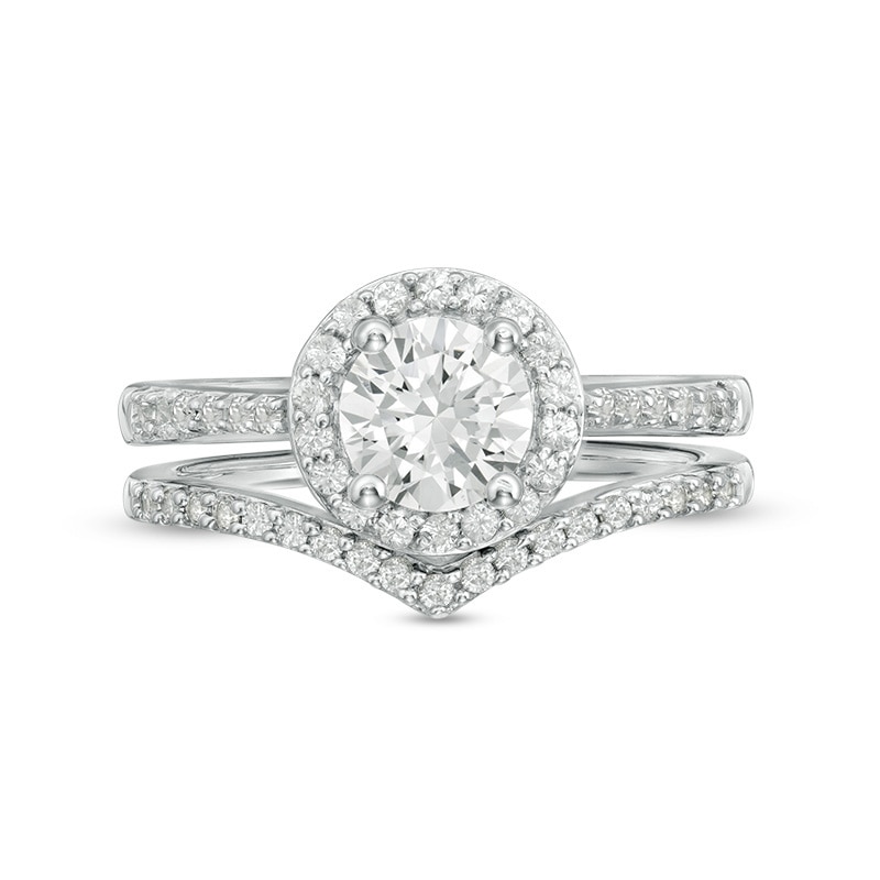 Main Image 4 of 6.0mm Lab-Created White Sapphire Frame Chevron Bridal Set in Sterling Silver