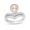 Thumbnail Image 1 of 4.0mm Lab-Created White Sapphire Pear-Shaped Frame Chevron Bridal Set in Sterling Silver and 10K Rose Gold