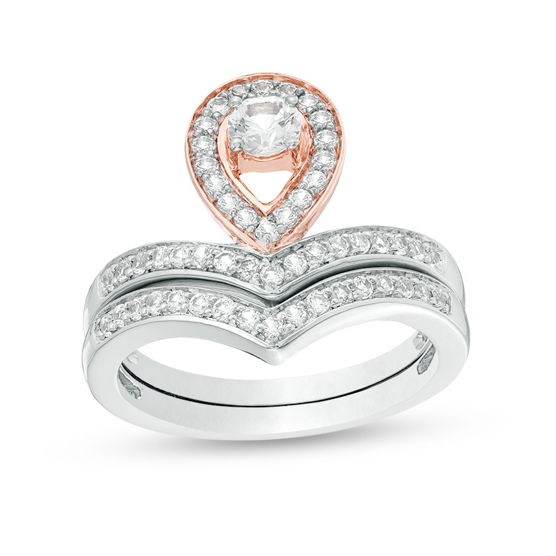 Main Image 1 of 4.0mm Lab-Created White Sapphire Pear-Shaped Frame Chevron Bridal Set in Sterling Silver and 10K Rose Gold