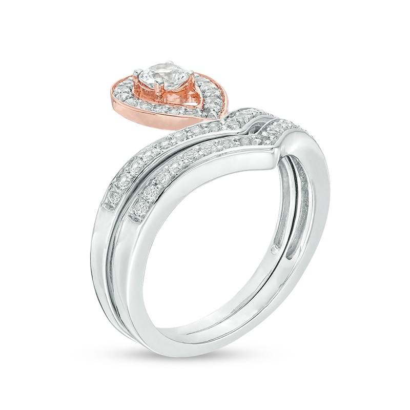 Main Image 2 of 4.0mm Lab-Created White Sapphire Pear-Shaped Frame Chevron Bridal Set in Sterling Silver and 10K Rose Gold
