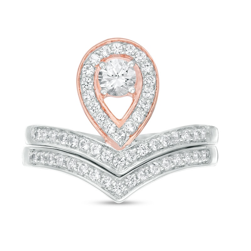 Main Image 3 of 4.0mm Lab-Created White Sapphire Pear-Shaped Frame Chevron Bridal Set in Sterling Silver and 10K Rose Gold