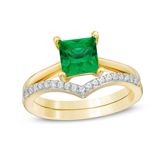 6.0mm Princess-Cut Lab-Created Emerald and 1/15 CT. T.w. Diamond Chevron Bridal Set in 10K Gold