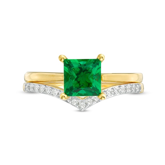 6.0mm Princess-Cut Lab-Created Emerald and 1/15 CT. T.w. Diamond Chevron Bridal Set in 10K Gold