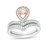 Thumbnail Image 1 of 4.0mm Lab-Created White Sapphire Pear-Shaped Frame Chevron Bridal Set in Sterling Silver and 10K Rose Gold
