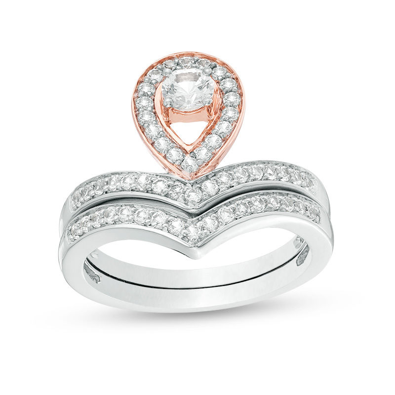 4.0mm Lab-Created White Sapphire Pear-Shaped Frame Chevron Bridal Set in Sterling Silver and 10K Rose Gold