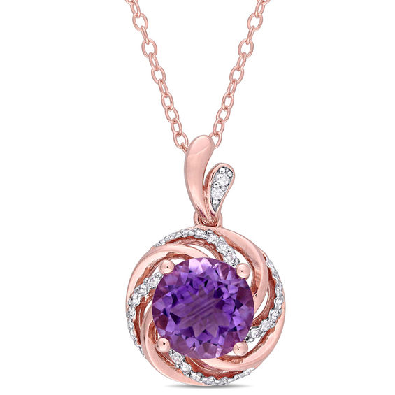 8.0mm Amethyst and White Topaz with Diamond Accent Swirl Frame Pendant in Sterling Silver with Rose Rhodium 8.0mm Amethyst and White Topaz with Diamond Accent Swirl Frame Pendant in Sterling Silver with Rose Rhodium