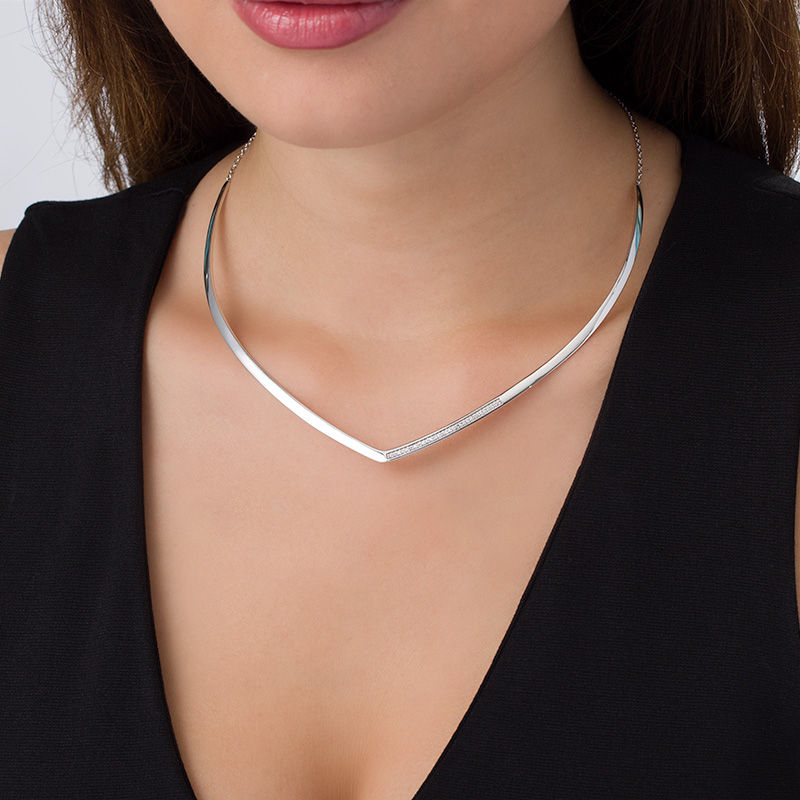 Main Image 2 of 1/6 CT. T.W. Diamond "V" Necklace in Sterling Silver - 17"