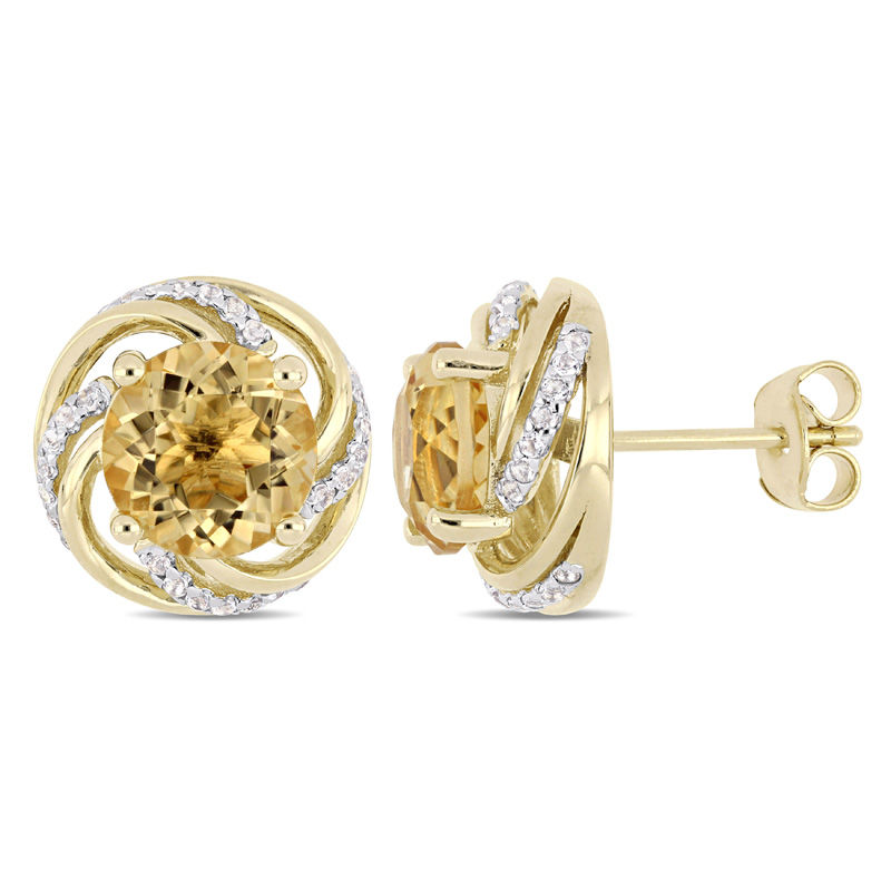 8.0mm Citrine and White Topaz Swirl Frame Stud Earrings in Sterling Silver with Yellow Rhodium