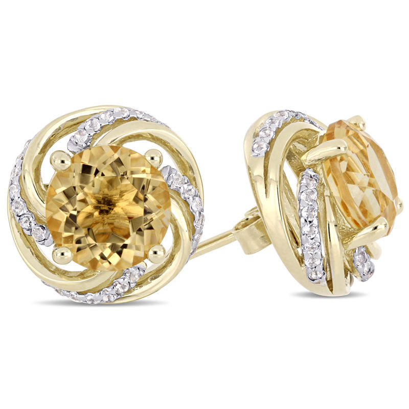 8.0mm Citrine and White Topaz Swirl Frame Stud Earrings in Sterling Silver with Yellow Rhodium