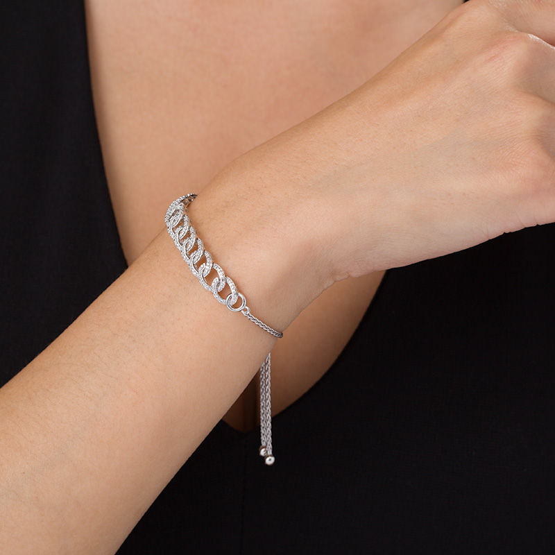 Main Image 2 of 1/5 CT. T.W. Diamond Interlocking Curb Link Bolo Bracelet in Sterling Silver - 9.5&quot;