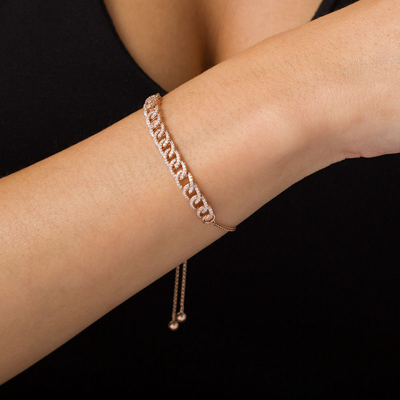 Main Image 2 of 1/2 CT. T.W. Diamond Interlocking Curb Link Bolo Bracelet in 10K Rose Gold - 9.5"