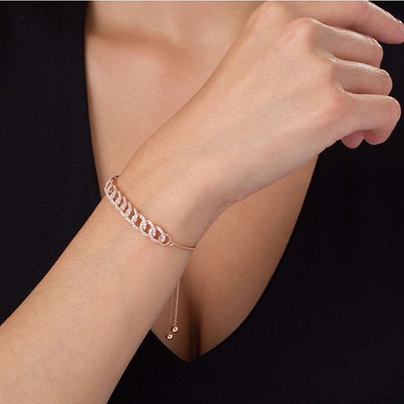 Main Image 2 of 1 CT. T.W. Diamond Interlocking Curb Link Bolo Bracelet in 10K Rose Gold - 9.5"