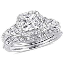 1/5 CT. T.W. Diamond Cushion Frame Twist Vintage-Style Bridal Set in Sterling Silver
