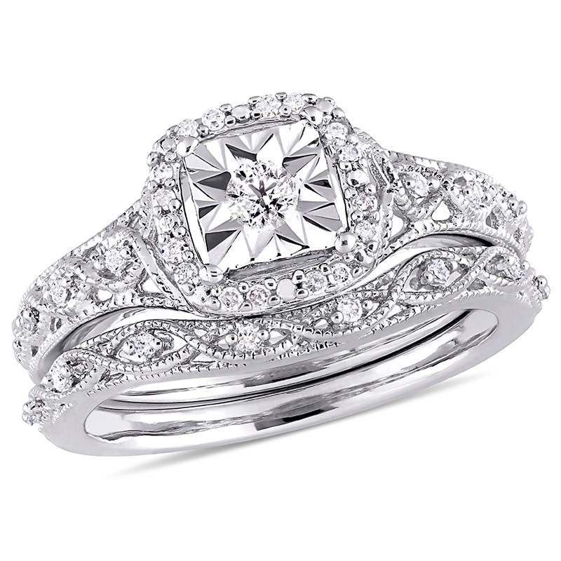 Main Image 1 of 1/5 CT. T.W. Diamond Cushion Frame Twist Vintage-Style Bridal Set in Sterling Silver