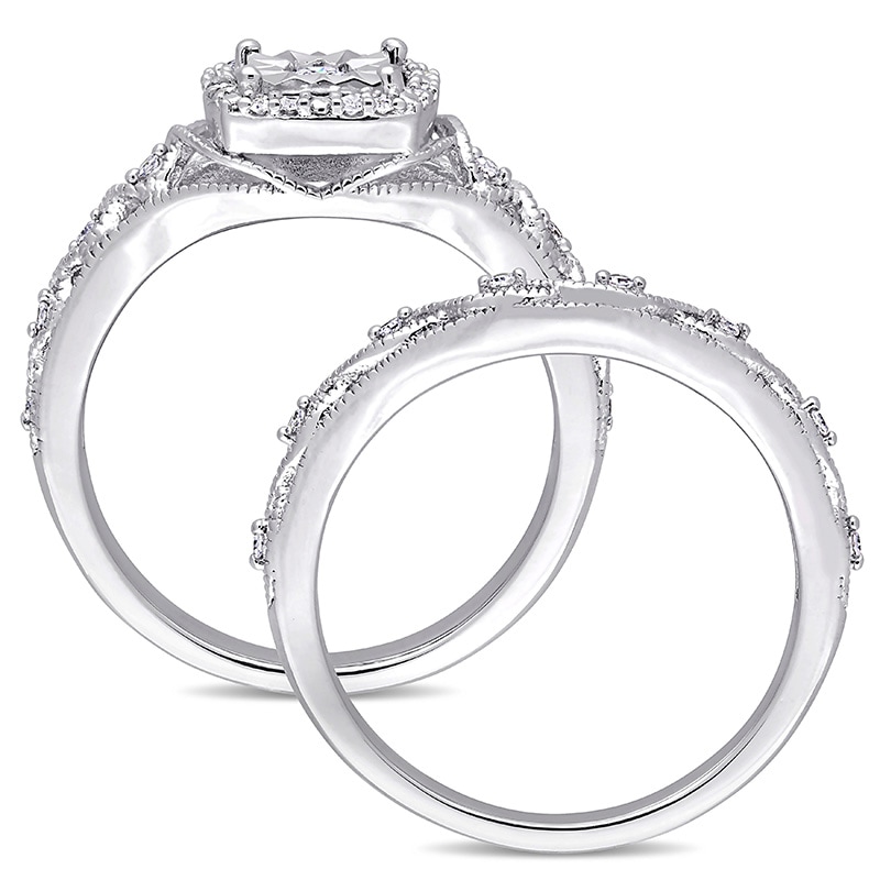 Main Image 3 of 1/5 CT. T.W. Diamond Cushion Frame Twist Vintage-Style Bridal Set in Sterling Silver