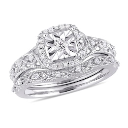 1/5 CT. T.W. Diamond Cushion Frame Twist Vintage-Style Bridal Set in Sterling Silver