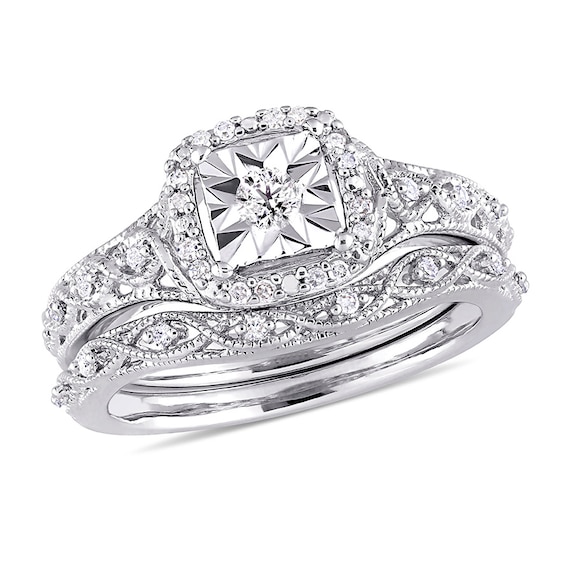 1/5 CT. T.w. Diamond Cushion Frame Twist Vintage-Style Bridal Set in Sterling Silver