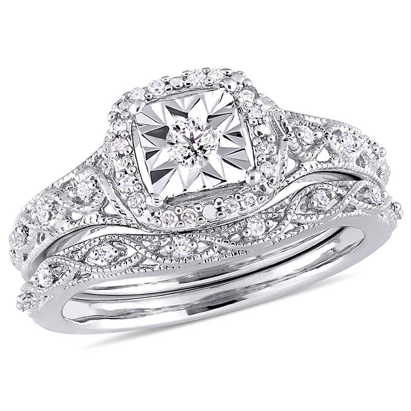 Zales 1 5 ct. T.W. Diamond Cushion Frame Twist Vintage Style Bridal Set in Sterling Silver