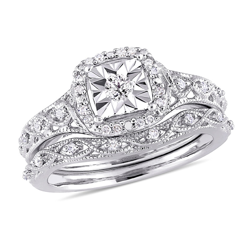Main Image 1 of 1/5 CT. T.W. Diamond Cushion Frame Twist Vintage-Style Bridal Set in Sterling Silver
