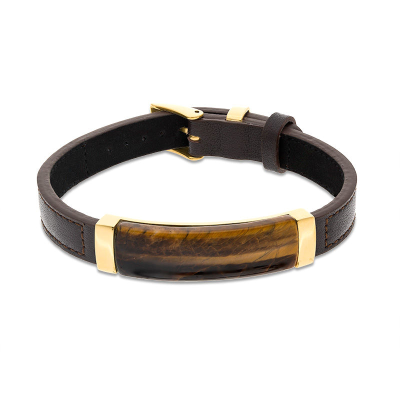Main Image 1 of Men's Rectangle Tiger's Eye and Brown Leather Bracelet in Stainless Steel with Yellow IP - 9.5"
