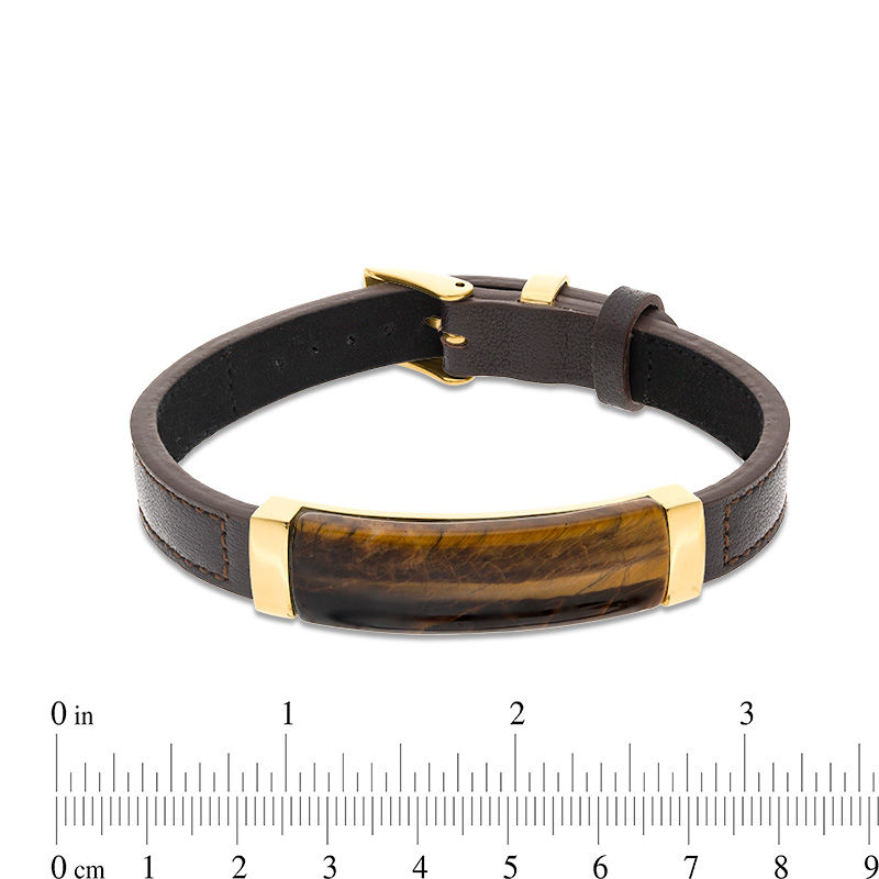 Main Image 2 of Men's Rectangle Tiger's Eye and Brown Leather Bracelet in Stainless Steel with Yellow IP - 9.5"