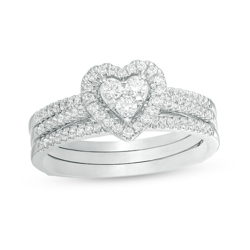 Main Image 1 of 1/2 CT. T.W. Diamond Heart Frame Three Piece Bridal Set in 10K White Gold